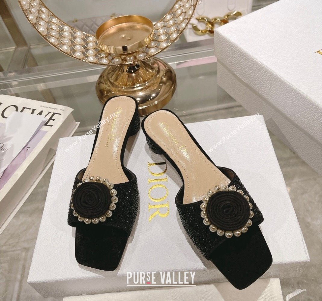 Dior Rose Heel Slide Sandals 3.5cm in Suede with Strass and Resin Pearls Black 2024 (MD-240106053)