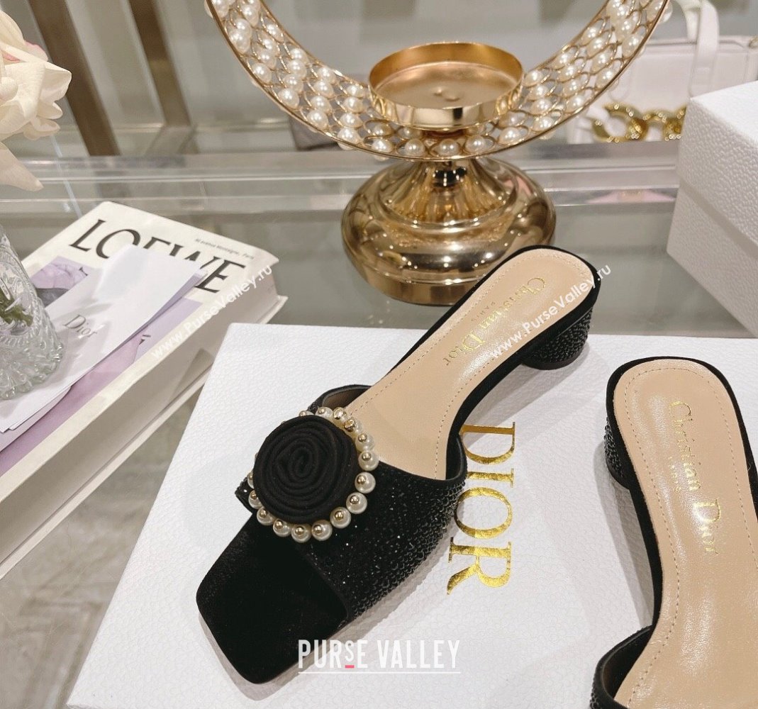 Dior Rose Heel Slide Sandals 3.5cm in Suede with Strass and Resin Pearls Black 2024 (MD-240106053)