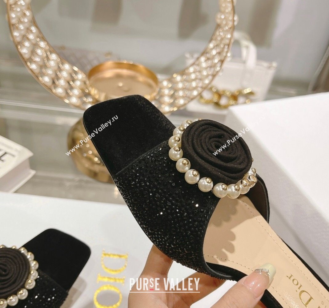 Dior Rose Heel Slide Sandals 3.5cm in Suede with Strass and Resin Pearls Black 2024 (MD-240106053)