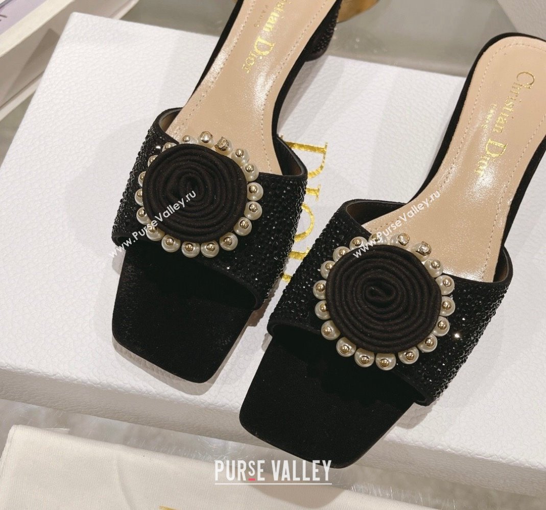 Dior Rose Heel Slide Sandals 3.5cm in Suede with Strass and Resin Pearls Black 2024 (MD-240106053)