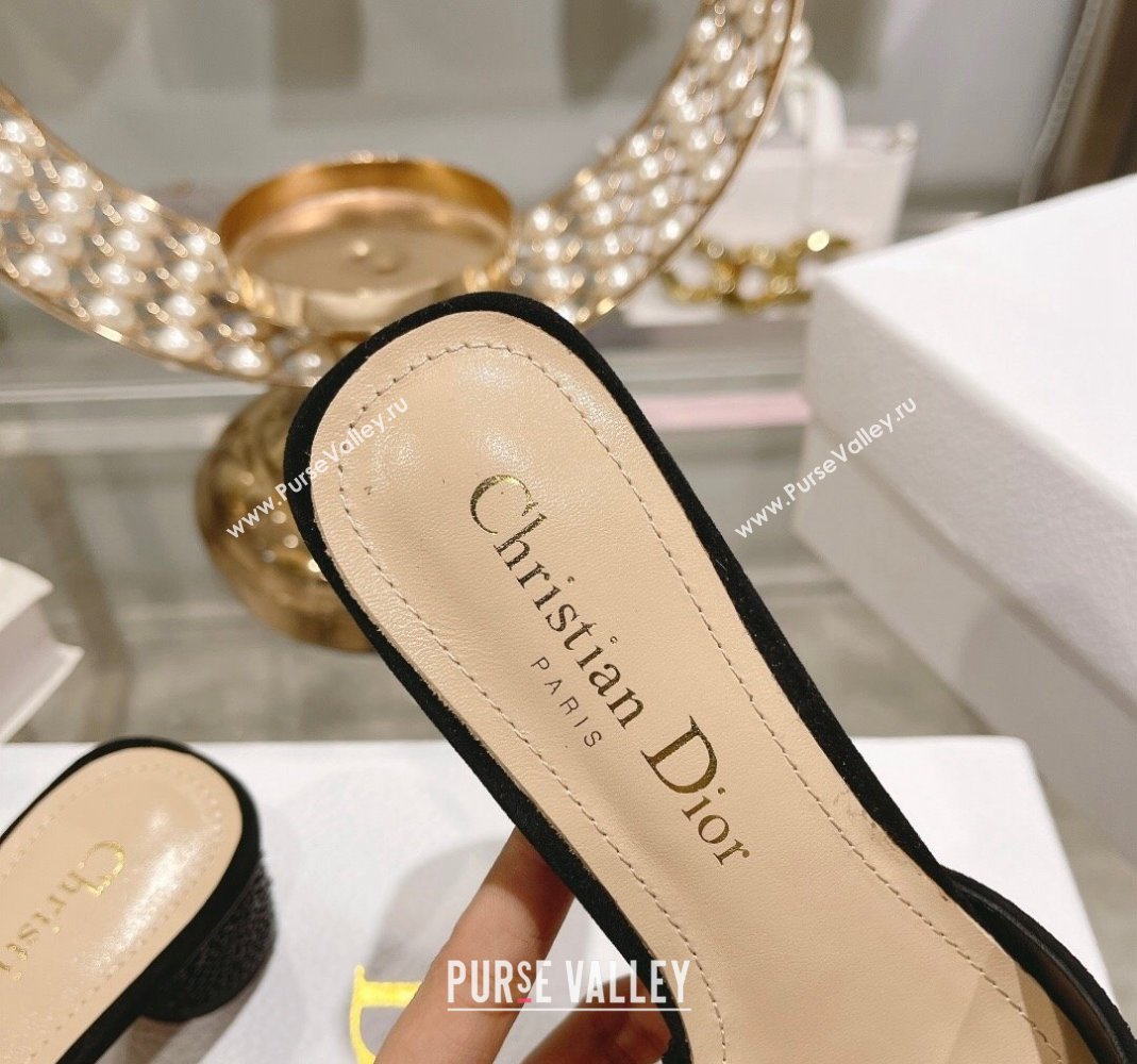 Dior Rose Heel Slide Sandals 3.5cm in Suede with Strass and Resin Pearls Black 2024 (MD-240106053)