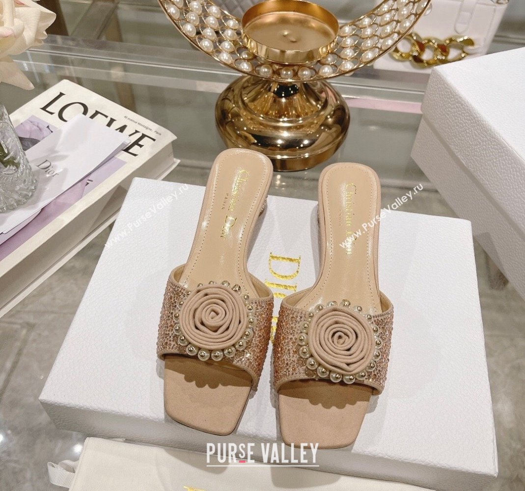 Dior Rose Heel Slide Sandals 3.5cm in Suede with Strass and Resin Pearls Apricot 2024 (MD-240106054)