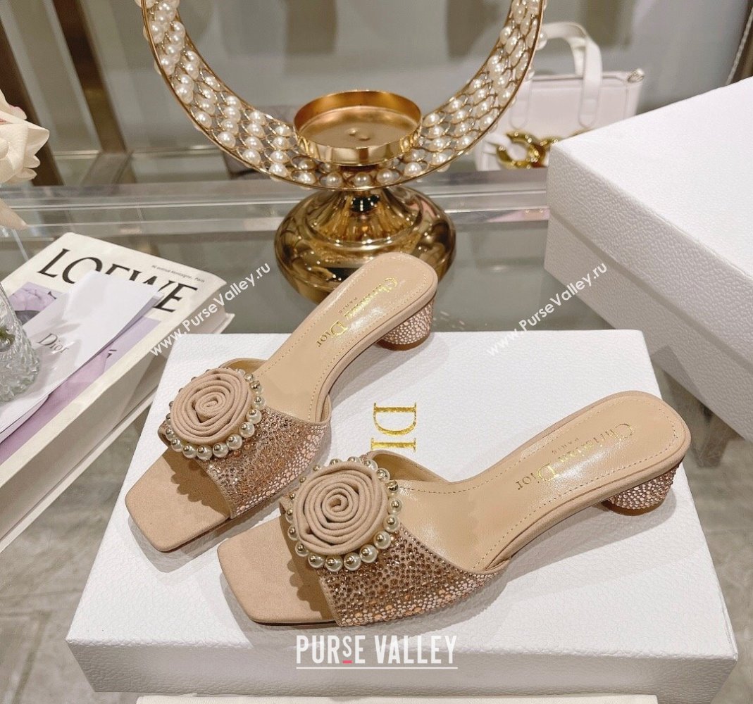 Dior Rose Heel Slide Sandals 3.5cm in Suede with Strass and Resin Pearls Apricot 2024 (MD-240106054)