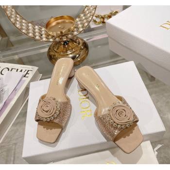 Dior Rose Heel Slide Sandals 3.5cm in Suede with Strass and Resin Pearls Apricot 2024 (MD-240106054)