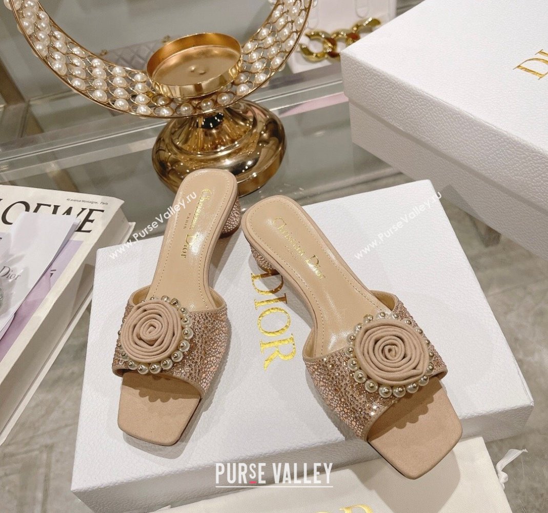 Dior Rose Heel Slide Sandals 3.5cm in Suede with Strass and Resin Pearls Apricot 2024 (MD-240106054)