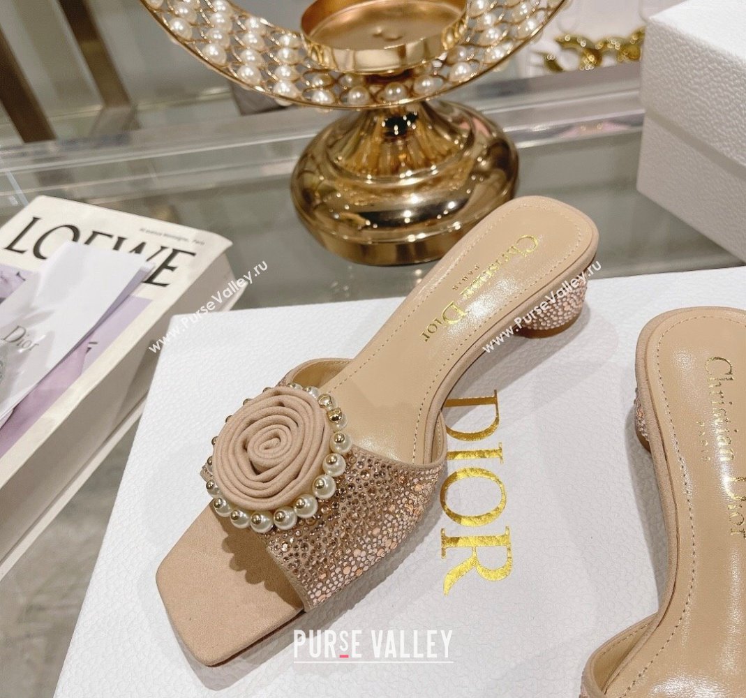 Dior Rose Heel Slide Sandals 3.5cm in Suede with Strass and Resin Pearls Apricot 2024 (MD-240106054)