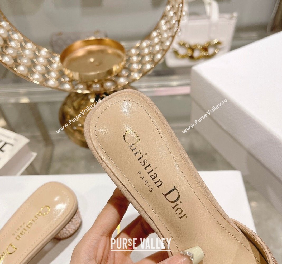 Dior Rose Heel Slide Sandals 3.5cm in Suede with Strass and Resin Pearls Apricot 2024 (MD-240106054)