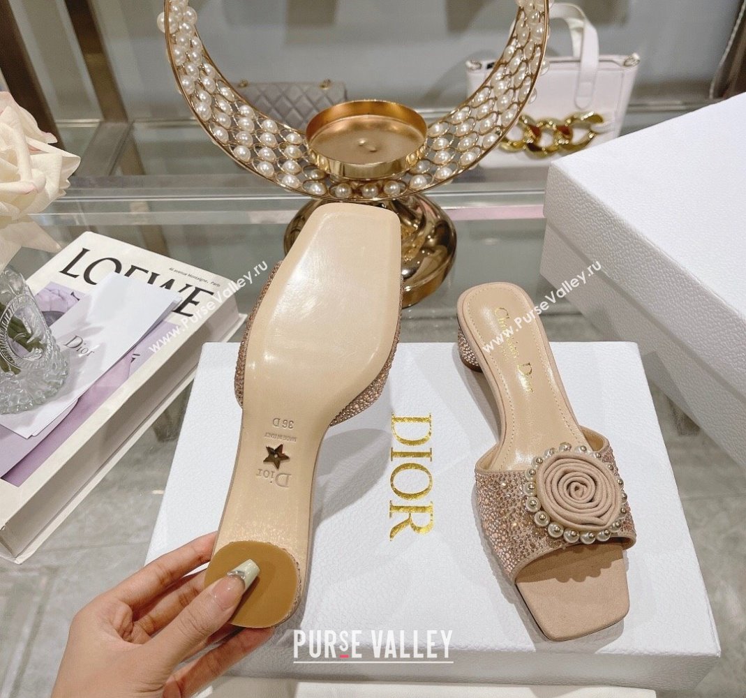 Dior Rose Heel Slide Sandals 3.5cm in Suede with Strass and Resin Pearls Apricot 2024 (MD-240106054)