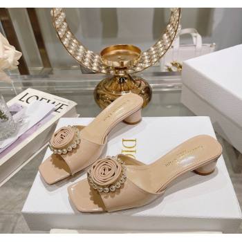 Dior Rose Heel Slide Sandals 3.5cm in Patent Calfskin and White Resin Pearls Nude 2024 (MD-240106055)
