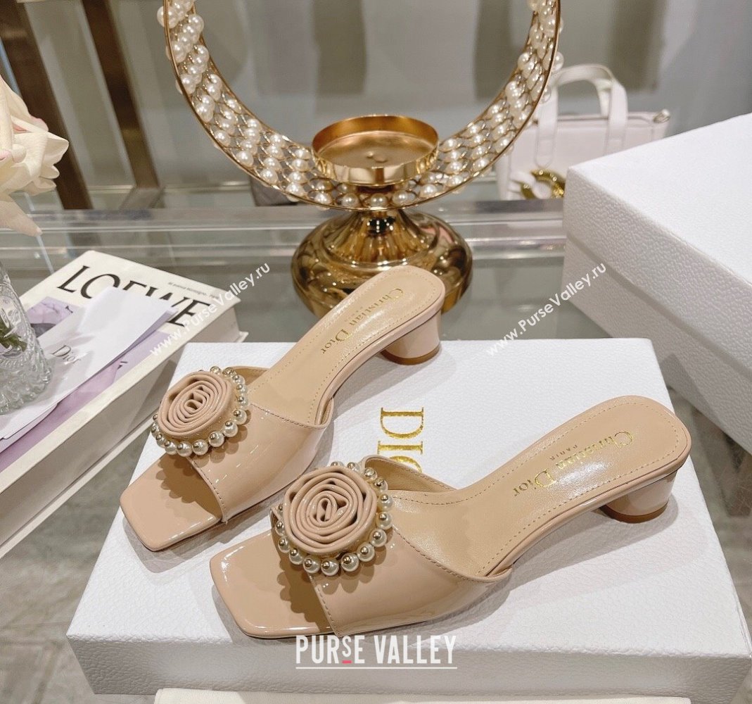 Dior Rose Heel Slide Sandals 3.5cm in Patent Calfskin and White Resin Pearls Nude 2024 (MD-240106055)