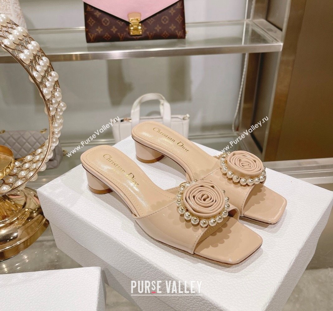 Dior Rose Heel Slide Sandals 3.5cm in Patent Calfskin and White Resin Pearls Nude 2024 (MD-240106055)