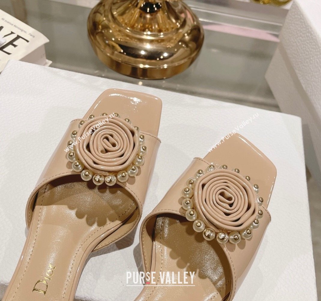 Dior Rose Heel Slide Sandals 3.5cm in Patent Calfskin and White Resin Pearls Nude 2024 (MD-240106055)