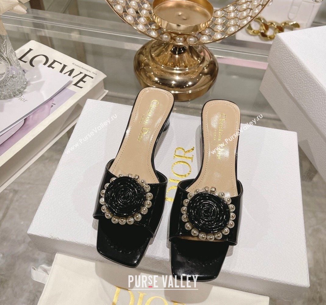 Dior Rose Heel Slide Sandals 3.5cm in Patent Calfskin and White Resin Pearls Black 2024 (MD-240106057)