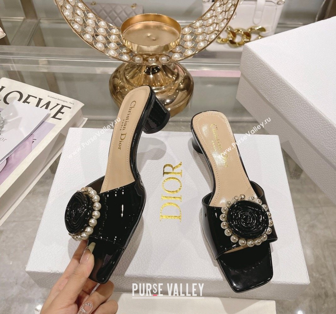 Dior Rose Heel Slide Sandals 3.5cm in Patent Calfskin and White Resin Pearls Black 2024 (MD-240106057)