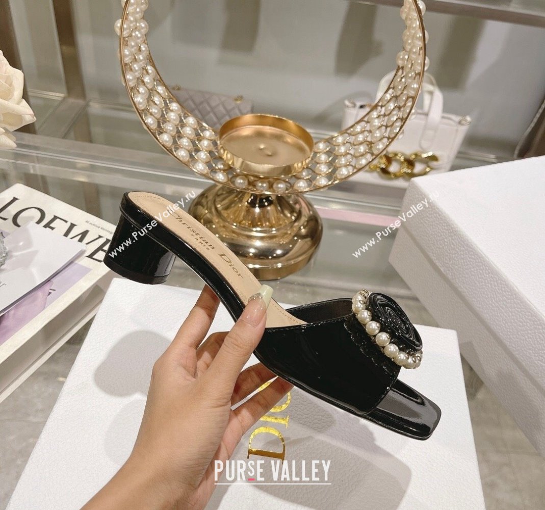 Dior Rose Heel Slide Sandals 3.5cm in Patent Calfskin and White Resin Pearls Black 2024 (MD-240106057)
