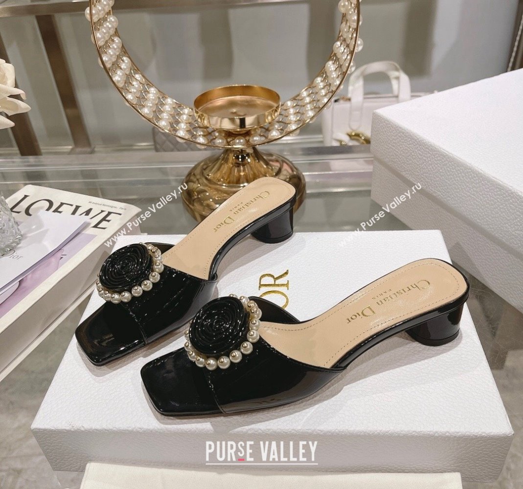 Dior Rose Heel Slide Sandals 3.5cm in Patent Calfskin and White Resin Pearls Black 2024 (MD-240106057)