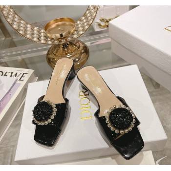 Dior Rose Heel Slide Sandals 3.5cm in Patent Calfskin and White Resin Pearls Black 2024 (MD-240106057)