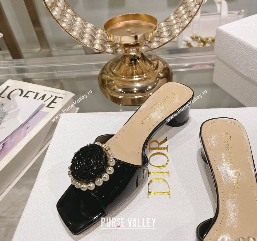 Dior Rose Heel Slide Sandals 3.5cm in Patent Calfskin and White Resin Pearls Black 2024 (MD-240106057)