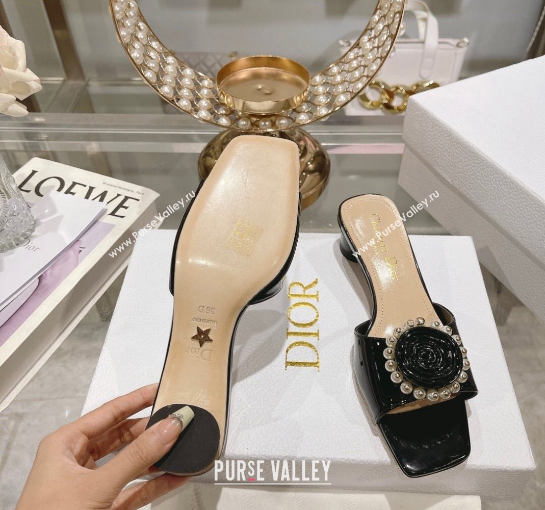 Dior Rose Heel Slide Sandals 3.5cm in Patent Calfskin and White Resin Pearls Black 2024 (MD-240106057)