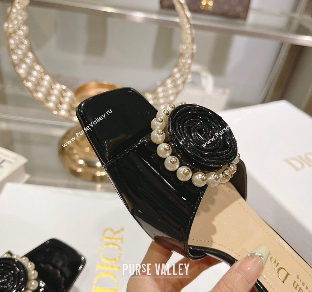 Dior Rose Heel Slide Sandals 3.5cm in Patent Calfskin and White Resin Pearls Black 2024 (MD-240106057)