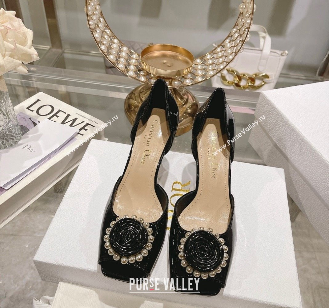 Dior Rose Heeled Sandals 8.5cm in Black Patent Calfskin and White Resin Pearls 2024 (MD-240106041)