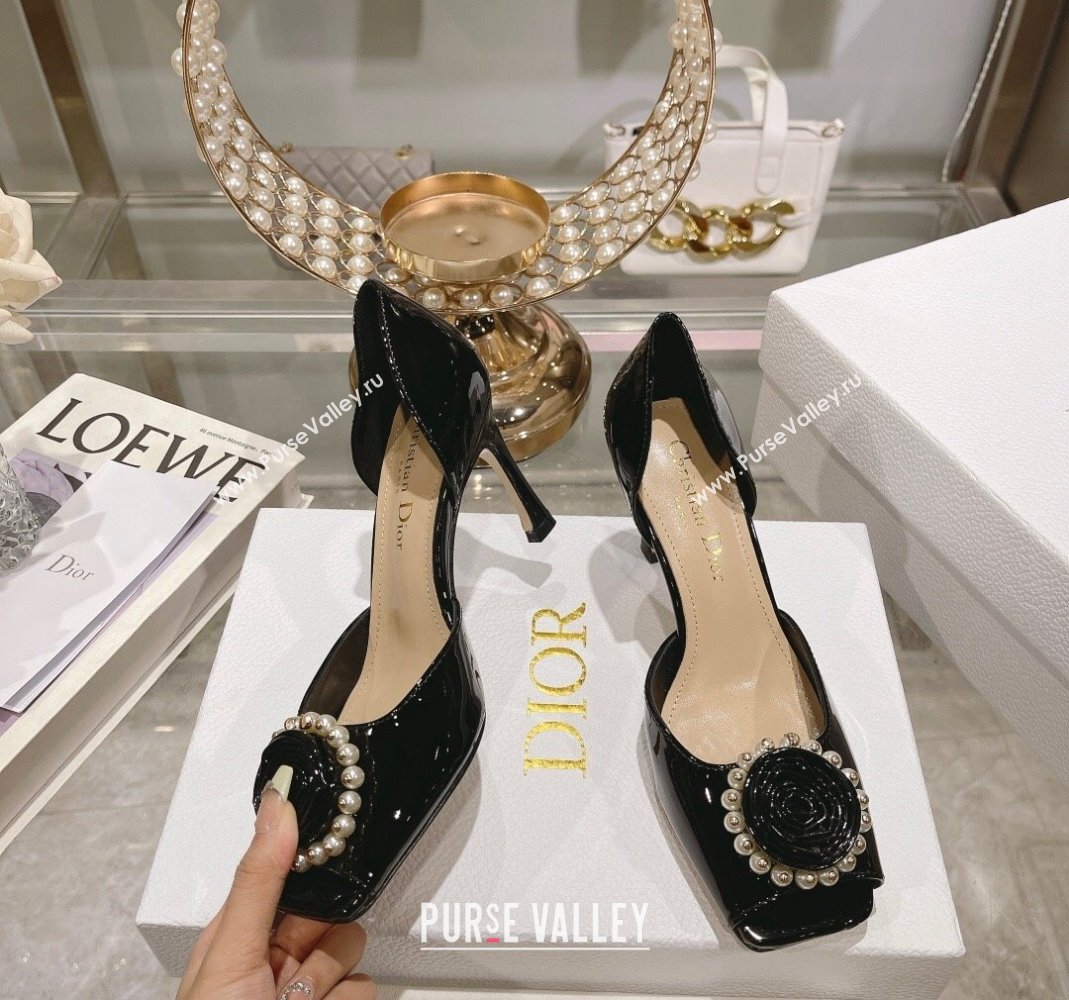 Dior Rose Heeled Sandals 8.5cm in Black Patent Calfskin and White Resin Pearls 2024 (MD-240106041)