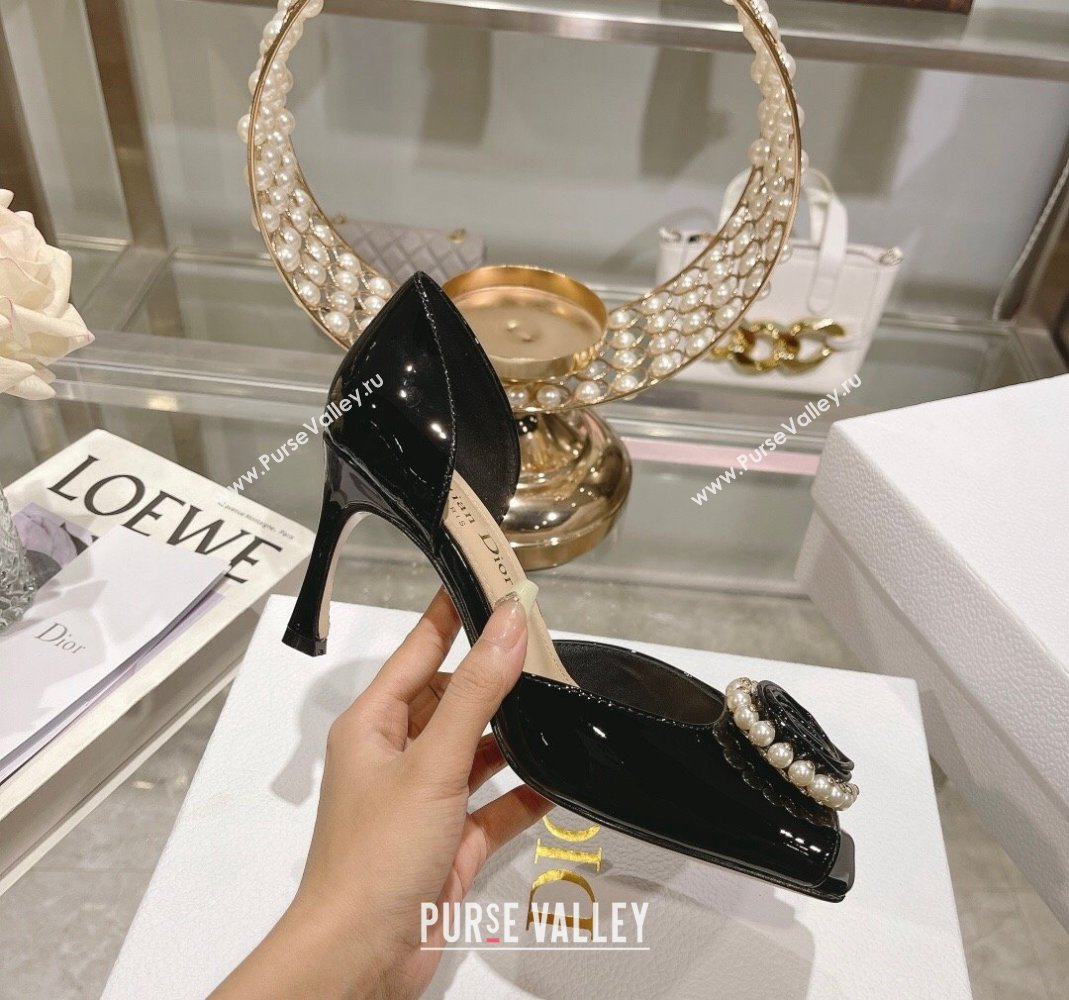 Dior Rose Heeled Sandals 8.5cm in Black Patent Calfskin and White Resin Pearls 2024 (MD-240106041)