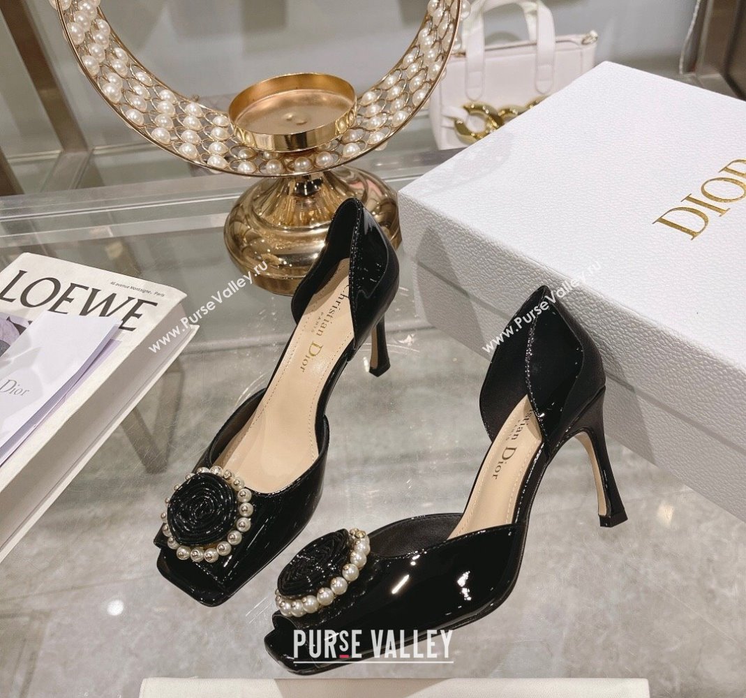 Dior Rose Heeled Sandals 8.5cm in Black Patent Calfskin and White Resin Pearls 2024 (MD-240106041)