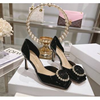 Dior Rose Heeled Sandals 8.5cm in Black Patent Calfskin and White Resin Pearls 2024 (MD-240106041)