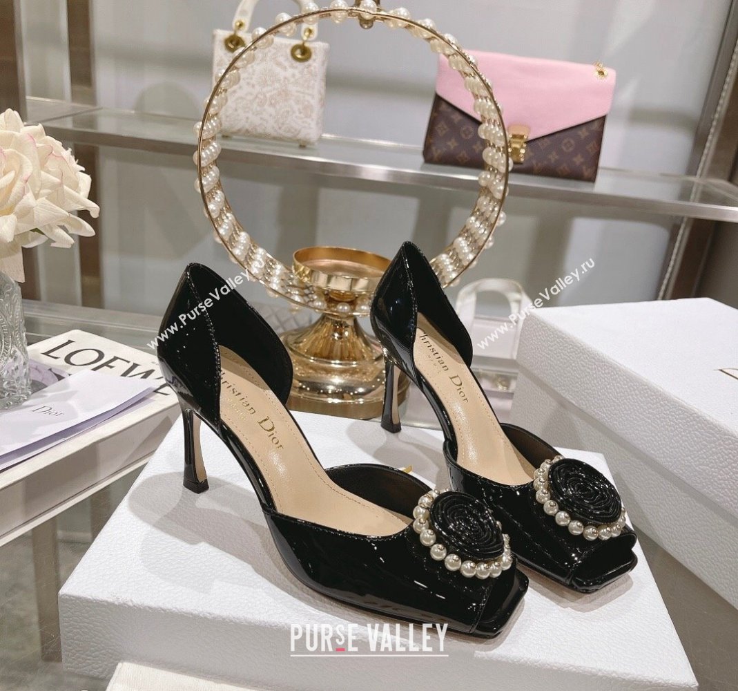 Dior Rose Heeled Sandals 8.5cm in Black Patent Calfskin and White Resin Pearls 2024 (MD-240106041)