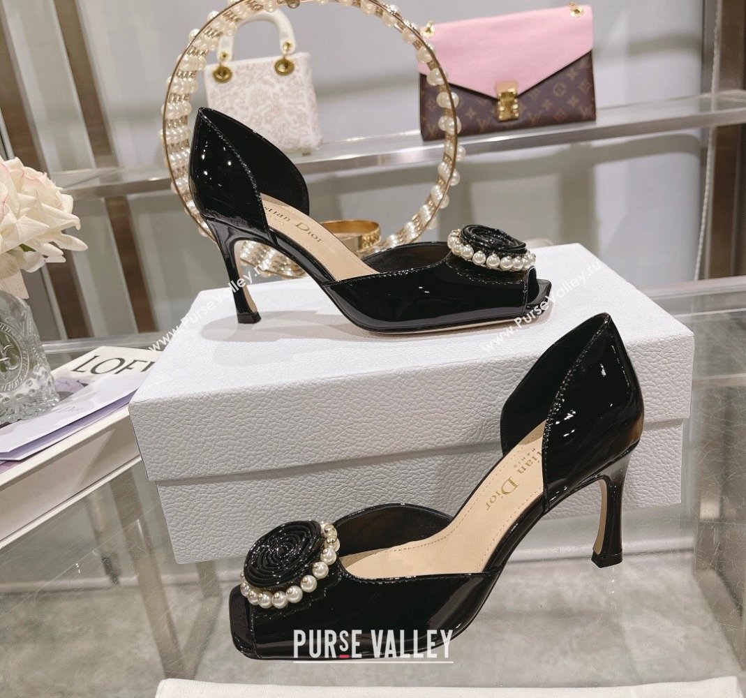 Dior Rose Heeled Sandals 8.5cm in Black Patent Calfskin and White Resin Pearls 2024 (MD-240106041)