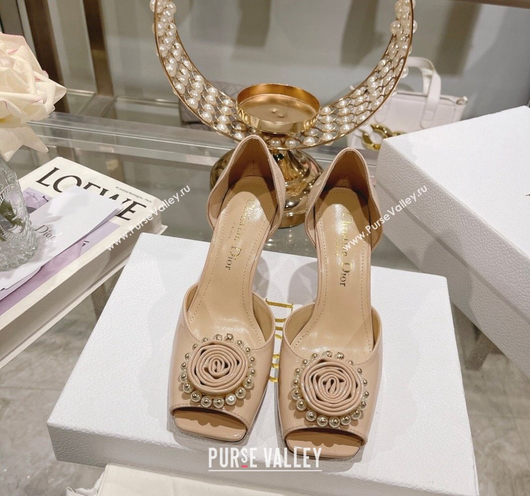 Dior Rose Heeled Sandals 8.5cm in Nude Patent Calfskin and White Resin Pearls 2024 (MD-240106042)