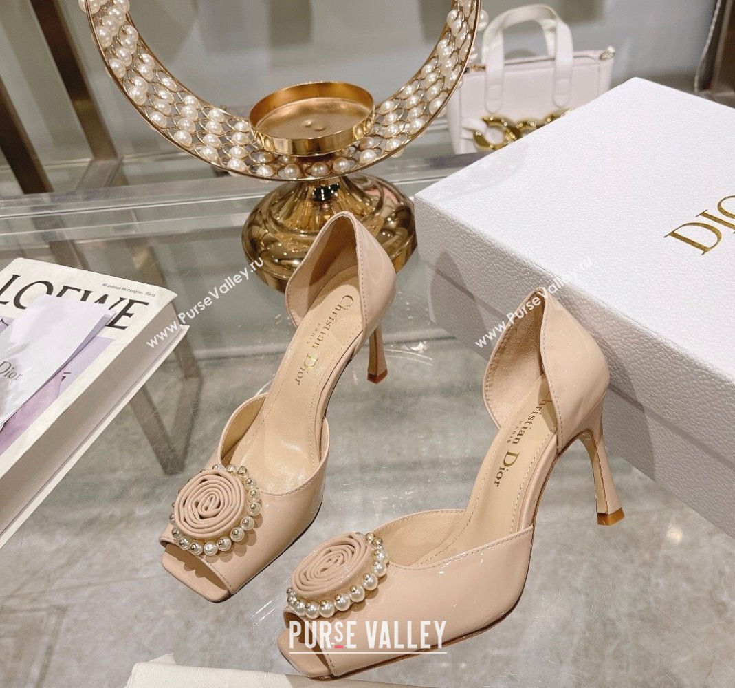 Dior Rose Heeled Sandals 8.5cm in Nude Patent Calfskin and White Resin Pearls 2024 (MD-240106042)