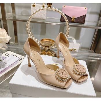 Dior Rose Heeled Sandals 8.5cm in Nude Patent Calfskin and White Resin Pearls 2024 (MD-240106042)