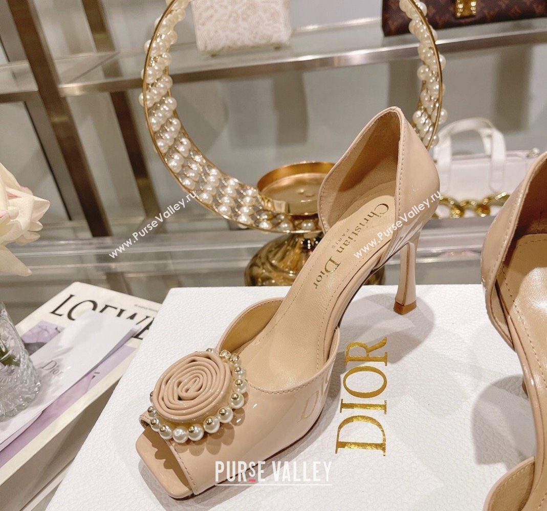 Dior Rose Heeled Sandals 8.5cm in Nude Patent Calfskin and White Resin Pearls 2024 (MD-240106042)