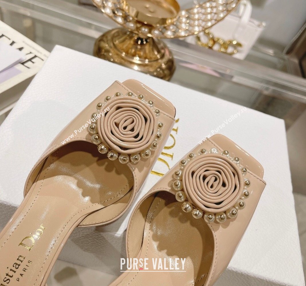 Dior Rose Heeled Sandals 8.5cm in Nude Patent Calfskin and White Resin Pearls 2024 (MD-240106042)