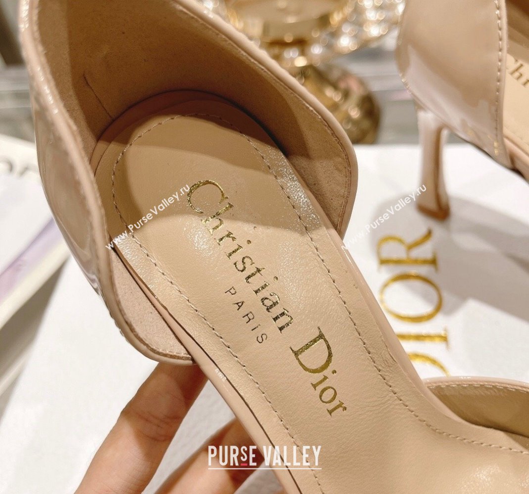 Dior Rose Heeled Sandals 8.5cm in Nude Patent Calfskin and White Resin Pearls 2024 (MD-240106042)