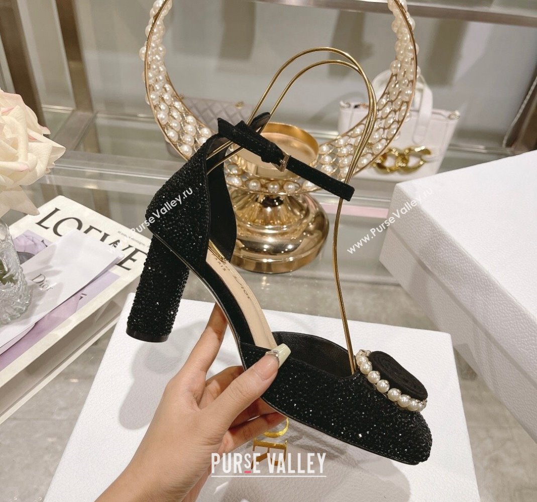 Dior Rose Pumps 3.5cm in Suede with Strass and White Resin Pearls Black 2024 (MD-240106044)