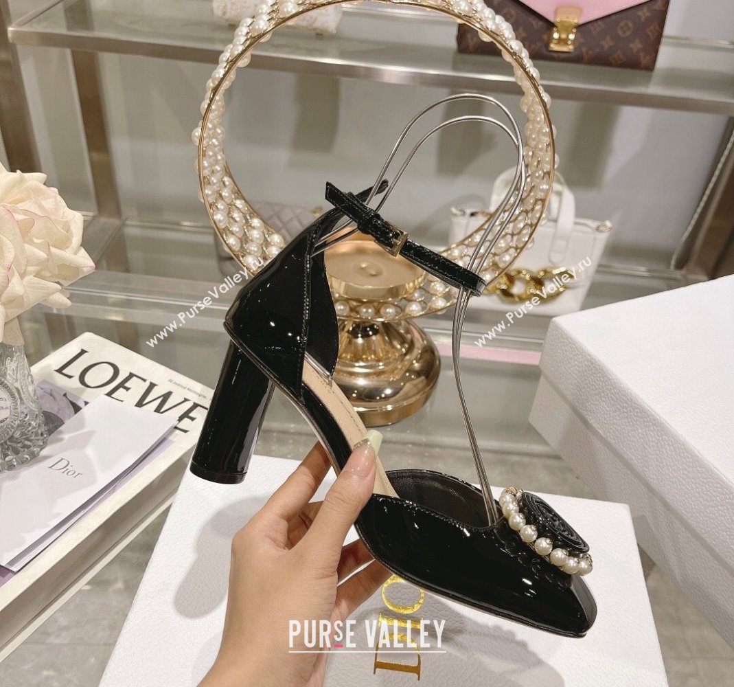 Dior Rose Pumps 3.5cm in Black Patent Calfskin and White Resin Pearls 2024 (MD-240106047)