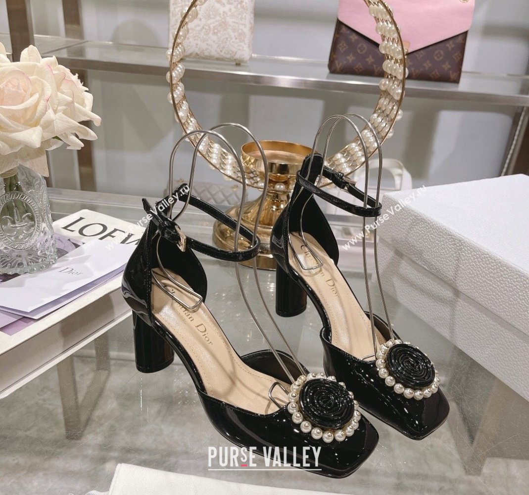 Dior Rose Pumps 3.5cm in Black Patent Calfskin and White Resin Pearls 2024 (MD-240106047)