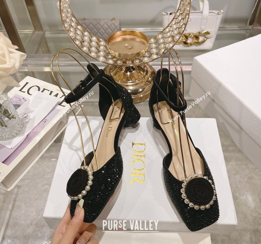 Dior Rose Pumps 3.5cm in Suede with Strass and White Resin Pearls Black 2024 (MD-240106044)