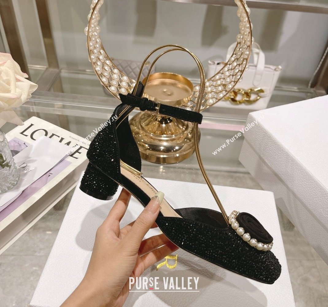 Dior Rose Pumps 3.5cm in Suede with Strass and White Resin Pearls Black 2024 (MD-240106044)