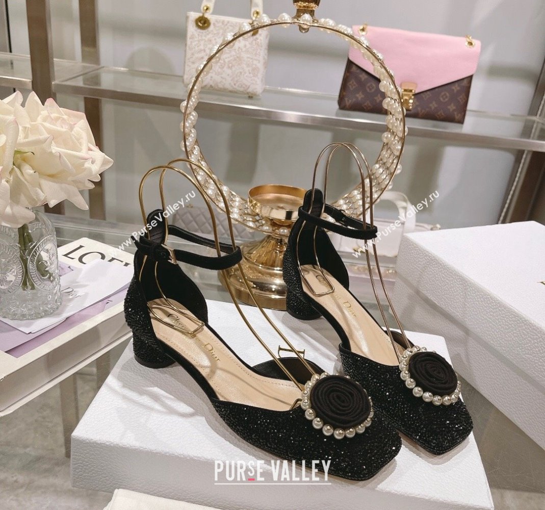 Dior Rose Pumps 3.5cm in Suede with Strass and White Resin Pearls Black 2024 (MD-240106044)