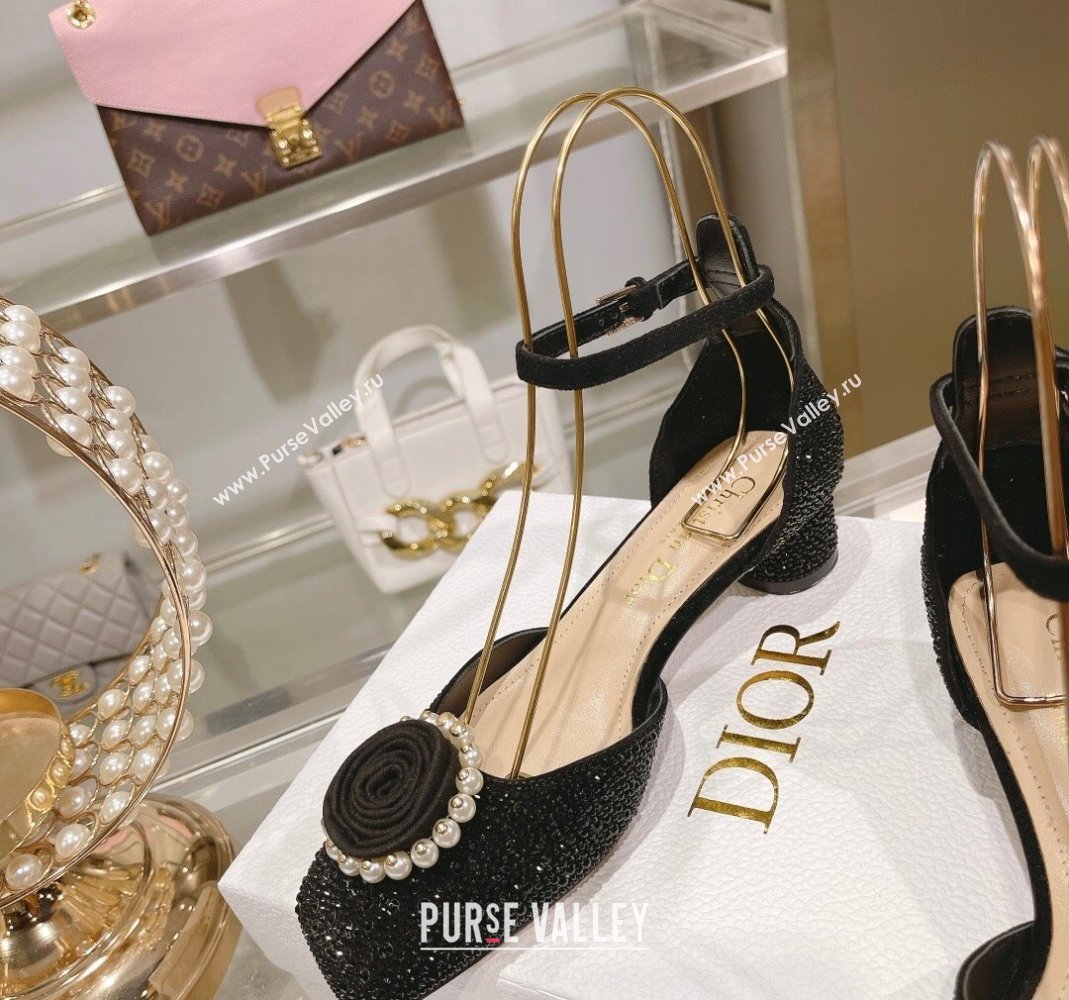 Dior Rose Pumps 3.5cm in Suede with Strass and White Resin Pearls Black 2024 (MD-240106044)