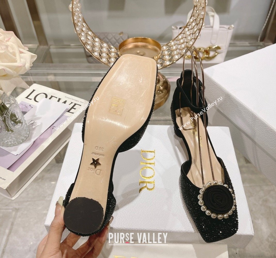 Dior Rose Pumps 3.5cm in Suede with Strass and White Resin Pearls Black 2024 (MD-240106044)