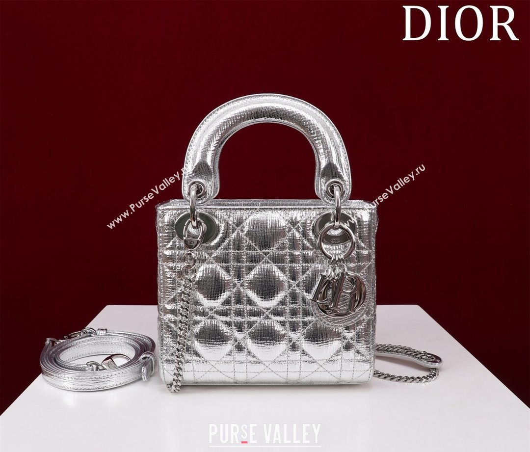 Dior Mini Lady Dior Bag in Metallic Cannage Leather Silver 2 2024 M0505 (XXG-240219043)