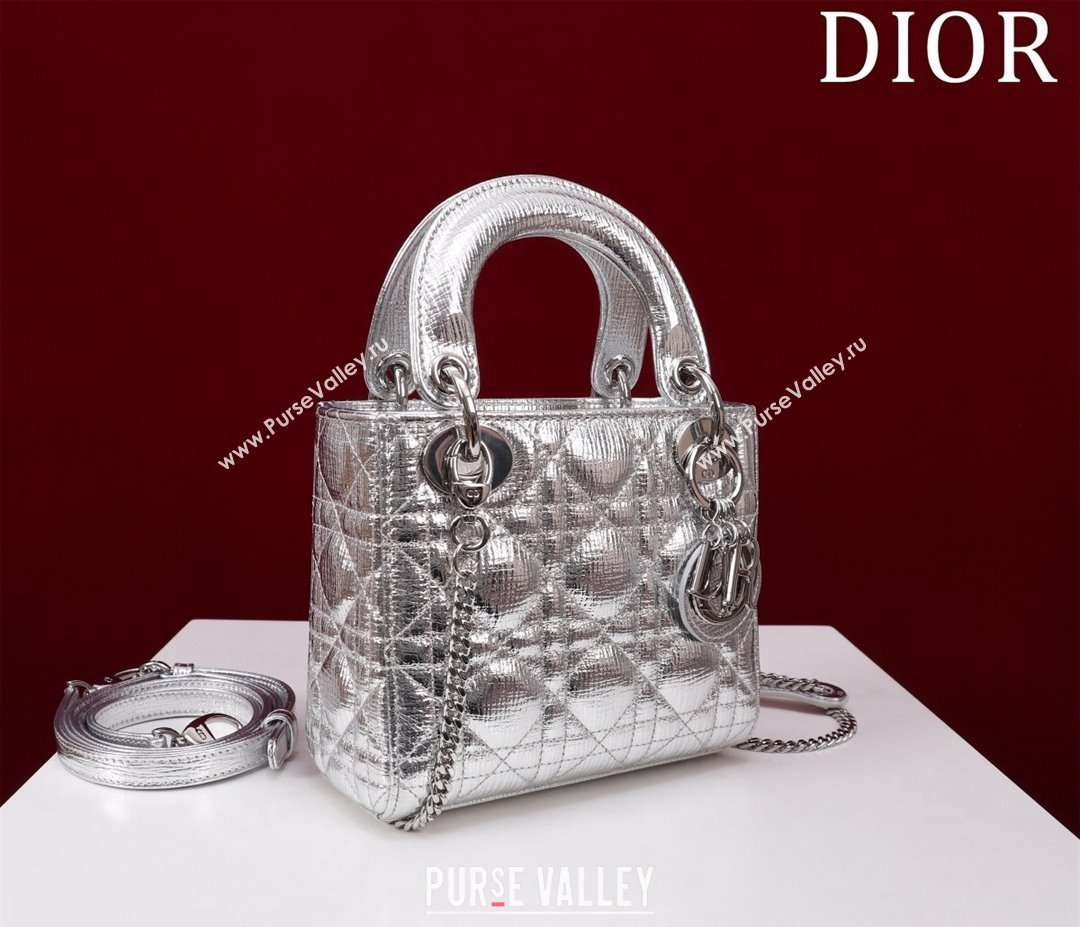 Dior Mini Lady Dior Bag in Metallic Cannage Leather Silver 2 2024 M0505 (XXG-240219043)