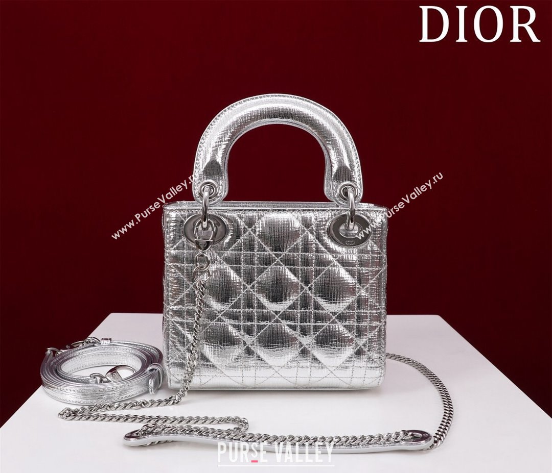 Dior Mini Lady Dior Bag in Metallic Cannage Leather Silver 2 2024 M0505 (XXG-240219043)