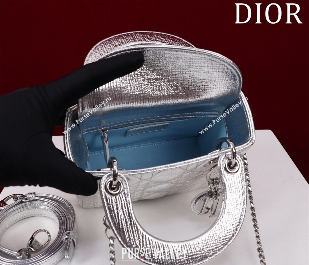 Dior Mini Lady Dior Bag in Metallic Cannage Leather Silver 2 2024 M0505 (XXG-240219043)