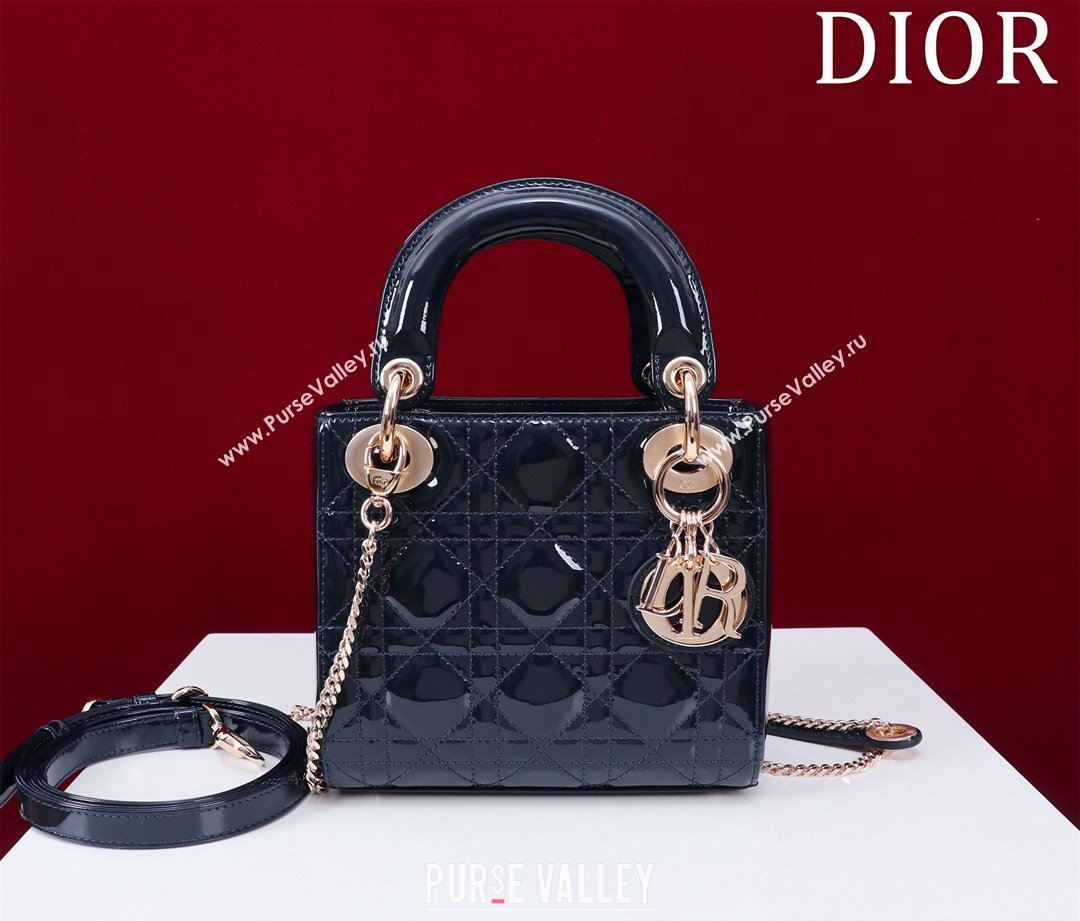 Dior Mini Lady Dior Bag in Patent Cannage Leather Dark Blue 2024 M0505 (XXG-240219044)